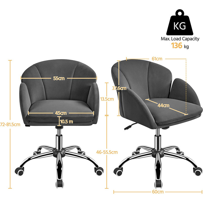Офісне крісло Yaheetech, виготовлене з ергономічного настільного крісла, з можливістю регулювання висоти до 136 кг, комп'ютерне крісло з підлокітниками і спинкою для вітальні, спальні, офісу, (темно-сірий, оксамитовий)
