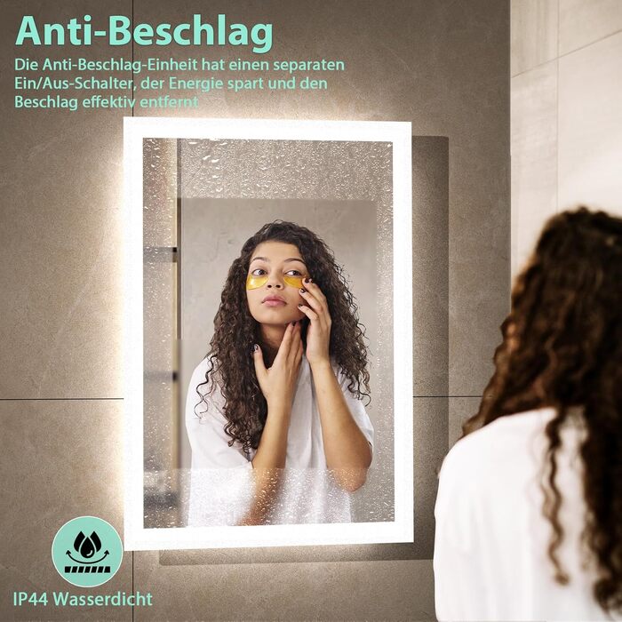 Дзеркало для ванної кімнати GIMBELEN з підсвічуванням LED, антизапар, 2 кольори світла (3000K/6500K), функція пам'яті, прямокутна форма, 50 x 70 см