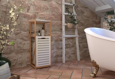 Стильна підставка Zeller 18867 для ванної кімнати з відсіком для білизни, бамбук/MDF, білий, 36 x 33 x 98 см