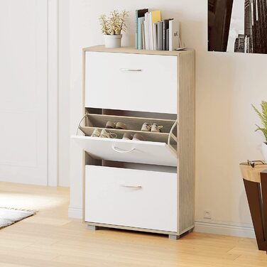 Шафа для взуття Casaria® на 18 пар, вузька, 115x60x25 см, 3 дверцята, висока, з дерева, закрита, з фіксацією від перекидання, для прихожого, світла бука/білий колір