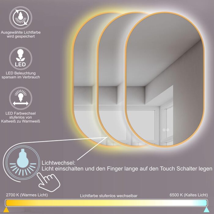 Дзеркало для ванної кімнати HOKO Design LED Turin овальне 45x75 см, рамка матовий чорний, LED підсвітка, сенсорне управління, зміна кольору світла (тепле/холодне/нейтральне), монтаж HOCH+QUER, антизапарник