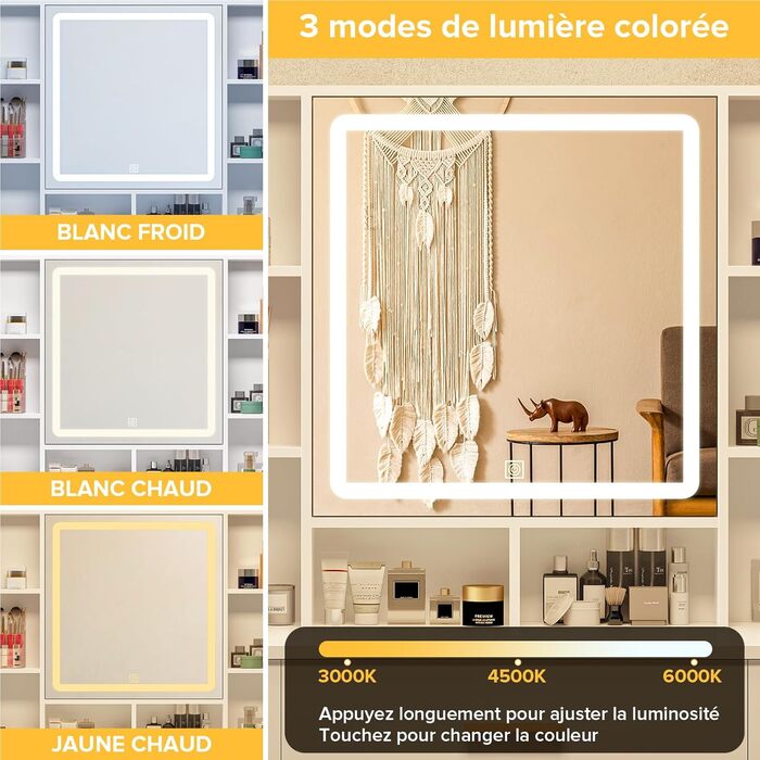 Дзеркальний туалетний столик Belife з підсвічуванням та 7 висувними ящиками, розеткою та 3 кольорами світла для спальні V5