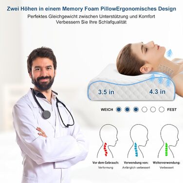 Ортопедична подушка для шиї, піна з ефектом пам'яті PHYSEN, ергономічна, проти хропіння, для сну на боці/спині, 60x35x11см
