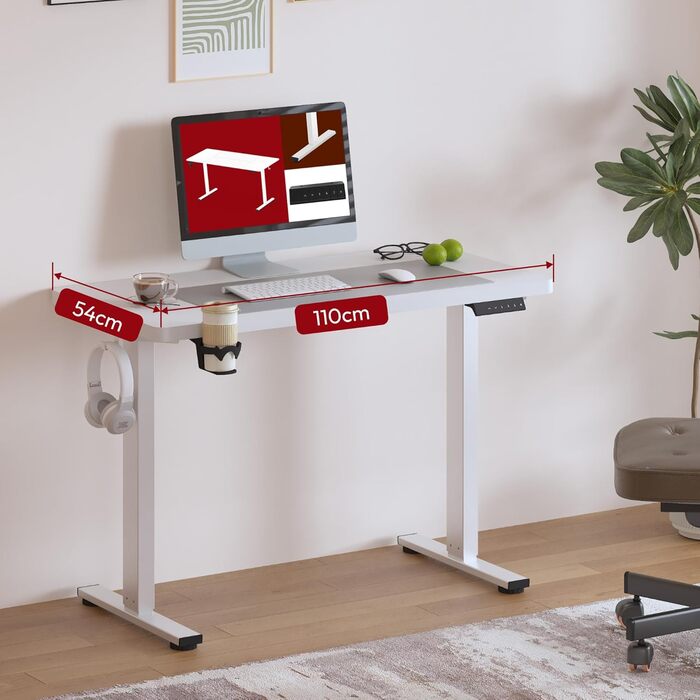 Регульований за висотою стіл Sanodesk з великою стільничною поверхнею, аксесуарами (тримач для напоїв, гачки, органайзер, кабель-менеджмент), ергономічний для офісу та дому, горіх, 110x54 см, білий+горіх