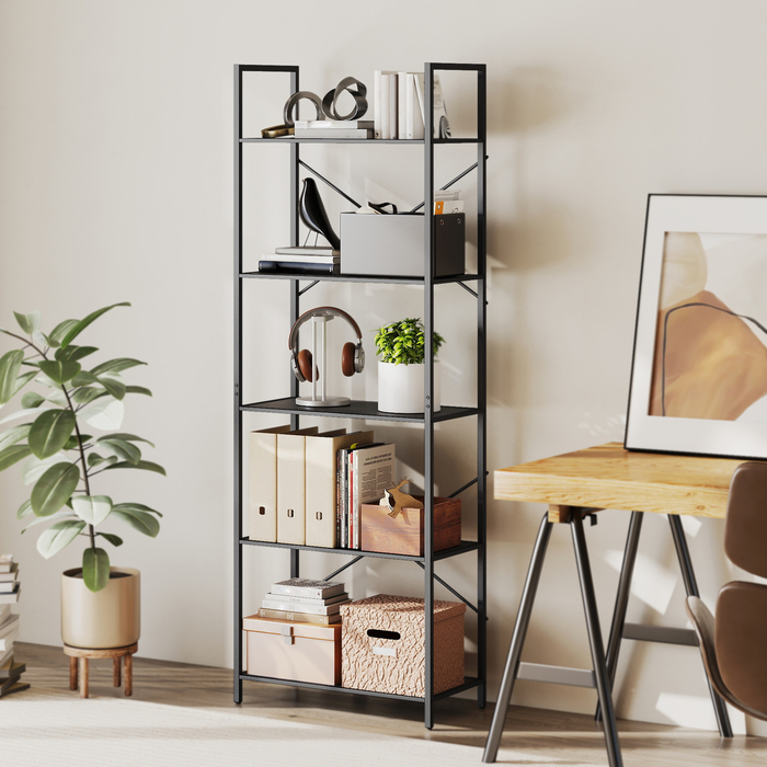 Стелаж HOMCOM з 5 полицями, підлоговий, в індустріальному стилі з металевим каркасом, відкритий для зберігання в вітальні, офісі, кабінеті, 60x30x170,5 см, чорний