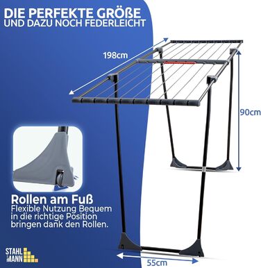 Розсувна сушарка для білизни STAHLMANN XXL чорна, 20м площі сушіння, з затискачами для дрібних речей, виробництво ЄС