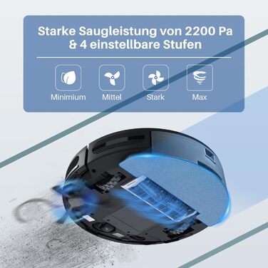 Робот-пилосос Chuango RV-500 з функцією миття підлоги, 4 режими очищення, 500 мл контейнер для сміття, 300 мл резервуар для води, сила всмоктування до 2200 Па, час роботи до 150 хв