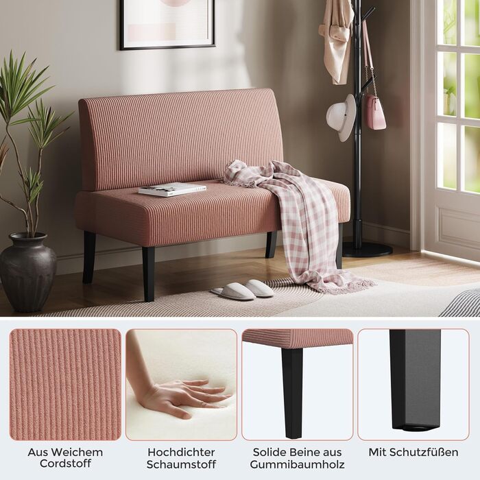 Диван-лавка Yaheetech для кухні/вітальні, 2 місця, без підлокітників, зелений/рожевий, м'який, оббивка з корду