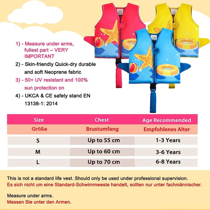 Рятувальний жилет з неопрену vveWin для дітей із захисною пряжкою, знімний поплавок для малюків у віці 1,2,3,4,5,6,7,8 років, для дівчаток і хлопчиків, m Blue