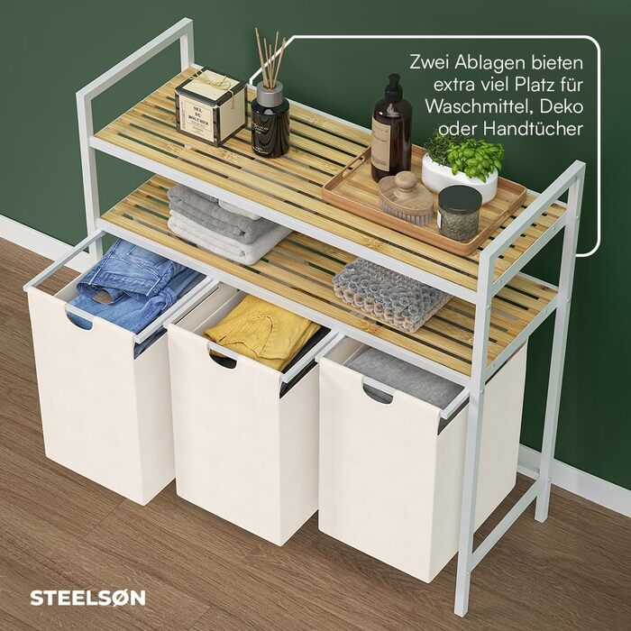 STEELSØN Rigil Кошик для білизни з 2 відділеннями та полицею з бамбука – 2 шт. по 45 л, чорний металевий сортер для білизни з висувними мішками