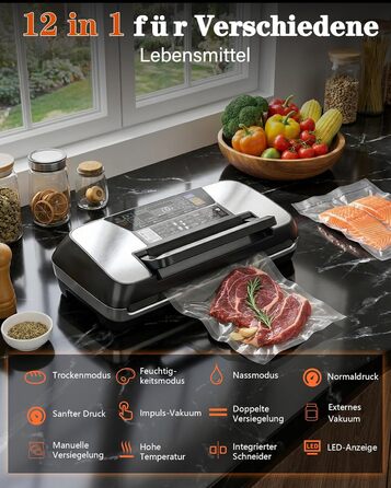 Вакууматор для продуктів 12-в-1 (95 kPa) з подвійним швом, системою Easy-Lock та вбудованим різаком, сріблястий