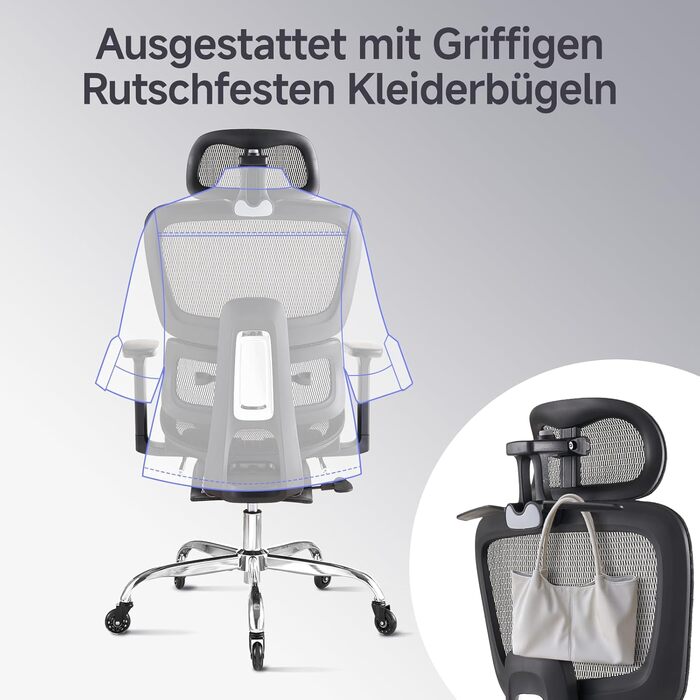 Ергономічне крісло для офісу з підніжкою та подушкою для шиї, 5-рівневе регулювання спинки, 2D підтримка попереку, 3D підлокітники/підголівник, функція нахилу 145°, сітчасте сидіння, гумові колеса, чорний колір, Pro