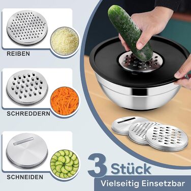 Набір мисок HaWare 6 шт. з нержавіючої сталі, набір салатників з герметичними кришками та 3 насадки для тертя, об'єм 4,6/2,8/2,5/1,6/1,2/0,7 л, антиковзний силіконовий низ, придатні для миття в посудомийній машині, чорний колір