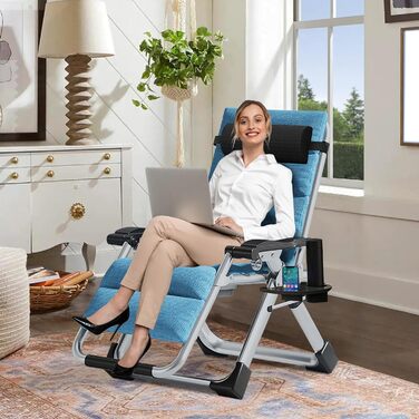 Шезлонг для відпочинку, розкладний, 200 кг, Zero Gravity, з подушкою, підстаканником, широкий, регульований, для саду, патіо, пляжу, басейну (блакитний)