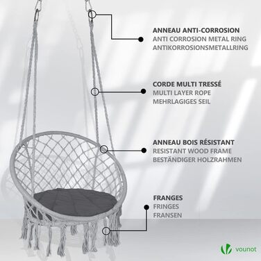 Підвісне крісло-гойдалка VOUNOT з полицею для книг та подушкою, для дому та саду, діаметр сидіння 80 см, X-Large (Сірий)