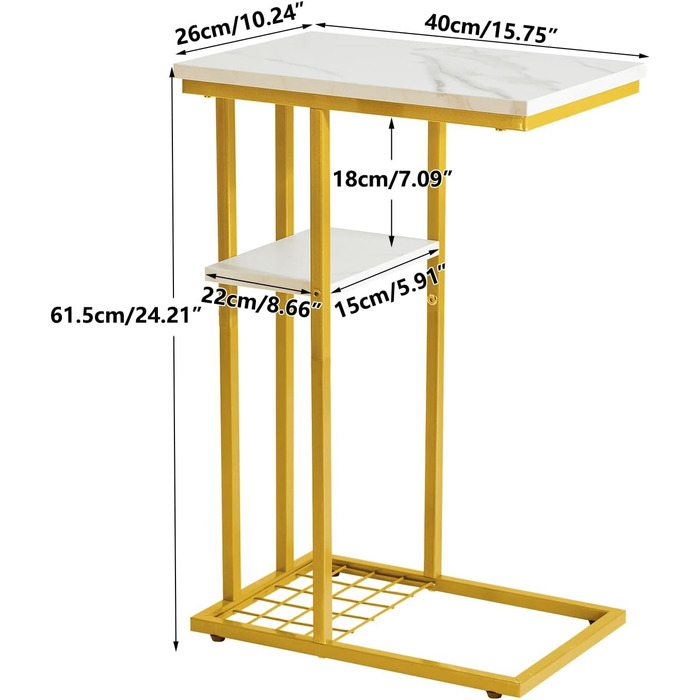 Журнальний столик YMYNY C-подібної форми, журнальний столик з полицею, дротяна сітка, регульовані ніжки, 40x26x61.5 см, білий/золотий