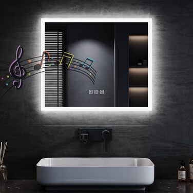 Дзеркало для ванної кімнати SONNI LED 50x70 см з LED-підсвічуванням, сенсорним керуванням, 3 кольори світла, проти запотівання та функцією пам'яті. Білий колір.