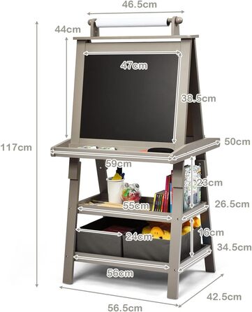 Дитяча мольберт LIFEZEAL 3 в 1: дошка для малювання, whiteboard, крейдяна дошка та рулон паперу, з 2 поличками та ящиками для зберігання, сірий