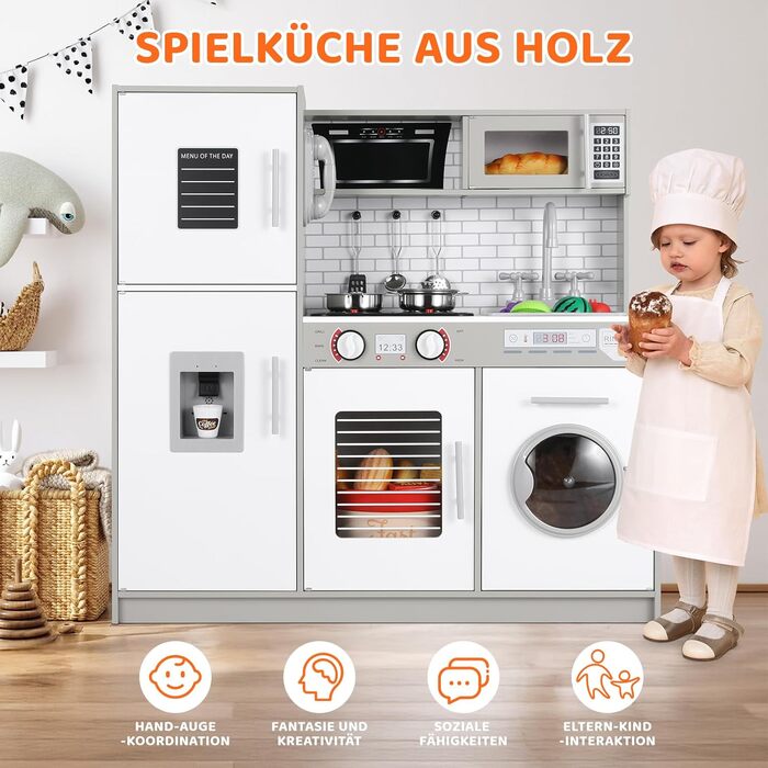 Дерев'яна дитяча кухня MAMIZO з підсвіткою та звуком, 82x80x25 см. Комплектація: аксесуари. Підходить для дітей від 3 років. Білий (сіро-білий) колір.