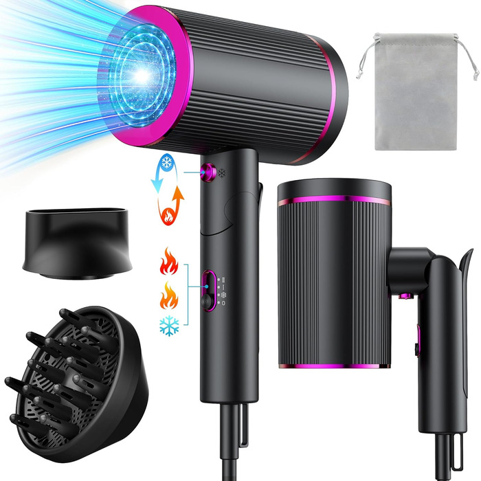 Фен JANOLTY для подорожей: компактний, іонний, з дифузором та насадкою | 2400W, 3 швидкості, тихий мотор | У комплекті сумка