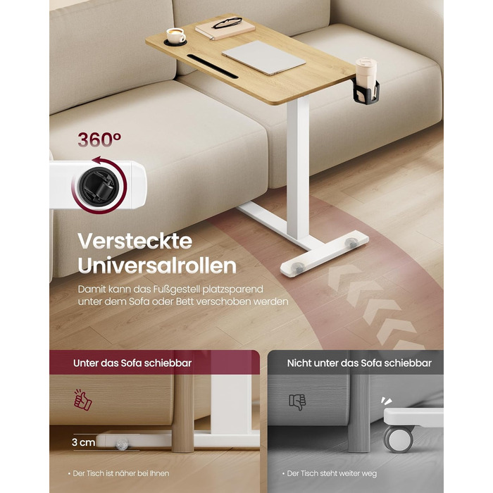 Приставний столик VASAGLE на колесах, мобільний, з великою стільницею, регульована висота, 2 тримачі для напоїв, слот для телефону/планшету, LSD600W01 (80x45 см, горіх золотистий)
