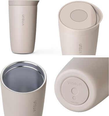 Термокружка VINSUN для кави з собою 350 мл, з подвійними стінками, з нержавіючої сталі, з герметичним клапаном, для гарячих та холодних напоїв, для автомобіля, університету, бежевий колір