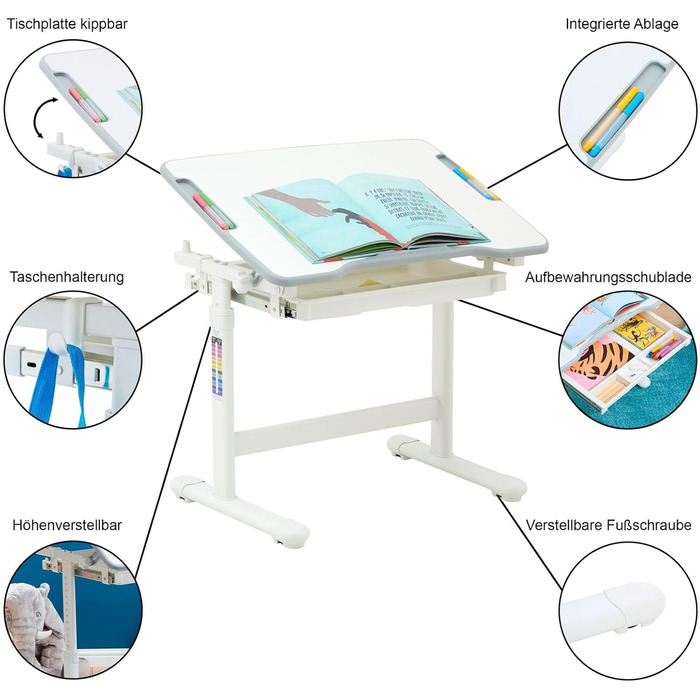 Дитячий письмовий стіл CARO VITA, білий, з регулюванням висоти та нахилом, з шухлядою та тримачем рюкзака
