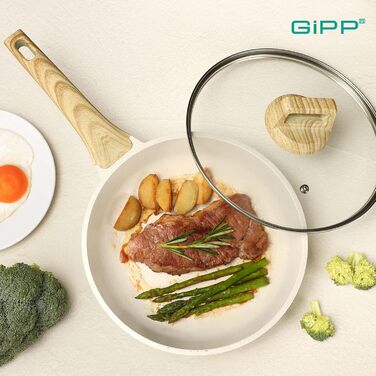 Гіп Керамічна сковорода з антипригарним покриттям з кришкою – 24 см, здорова, безпечна, для індукційних плит, без PFAS та PFOA, придатна для миття в посудомийній машині, з холодною ручкою, білий колір 24 см + кришка