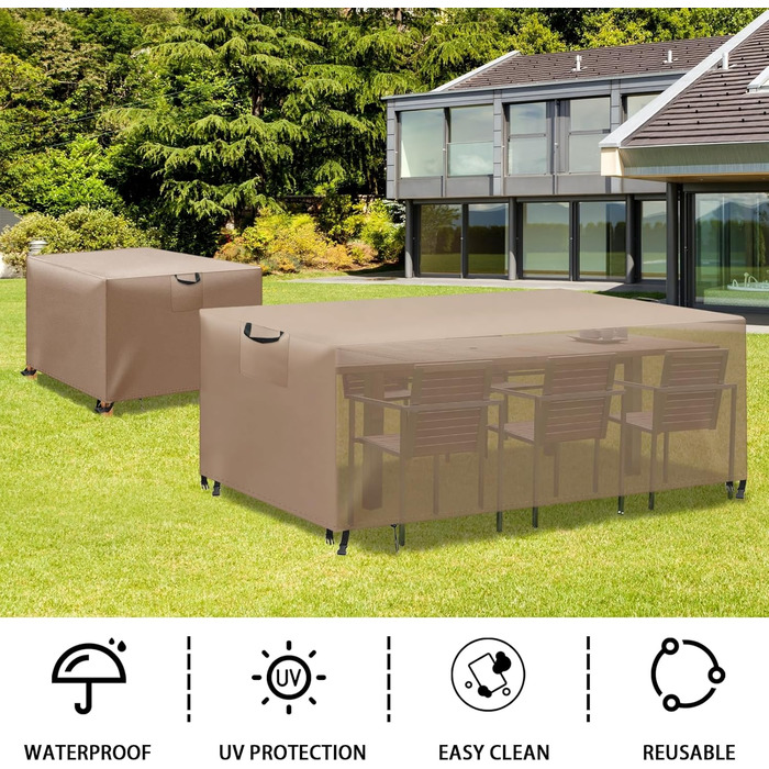 Водонепроникний чохол для садово-патіо меблів, 420D Oxford, захист від вітру та UV, міцний, для садових столів та груп, 180x120x74 (Хакі, 300x200x90cm)