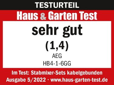 Ручний блендер AEG HB4-1-4GG, 2 леза з нержавіючої сталі, чашка для смузі, без бісфенолу А, 2 рівні, турбо, можна мити в посудомийній машині