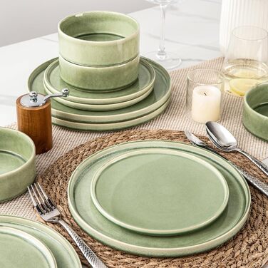 Сервіз GBHOME 12 шт. з реактивною глазур'ю: тарілки та миски, чорно-оливковий, стійкий до сколів, для посудомийної машини та мікрохвильовки