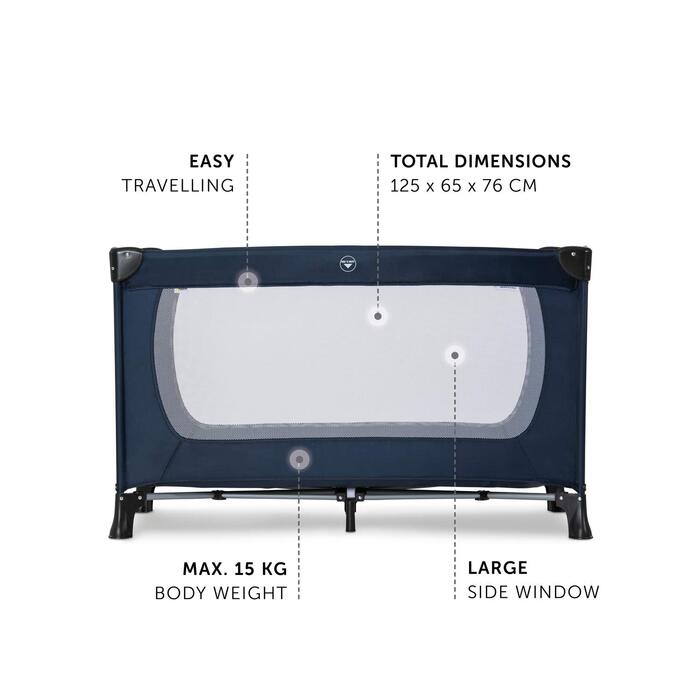Дорожнє ліжечко Hauck 120 х 60 см, для немовлят і дітей від народження до 15 кг, легке, компактне складне, включаючи сумку для транспортування і відкидне дно, сліпон, темно-синій (Navy, Dream N Play Plus)