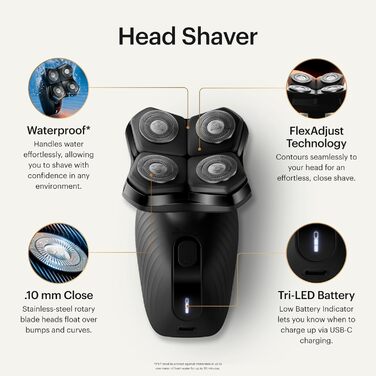 Електробритва MANSCAPED The Dome Shaver Plus для голови чоловіча, водонепроникна, 4 подвійні ротаційні леза, SkinSafe та FlexAdjust технології, USB-C зарядка, знімний магнітний блок лез