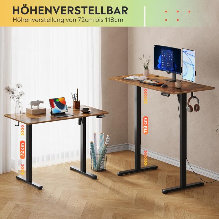 Регульований за висотою стіл Devaise з тихим мотором та функцією пам'яті, стіл для сидіння та стояння, регулювання висоти 72–118 см, ергономічний комп'ютерний стіл для офісу, білий (120x60 см, коричневий)