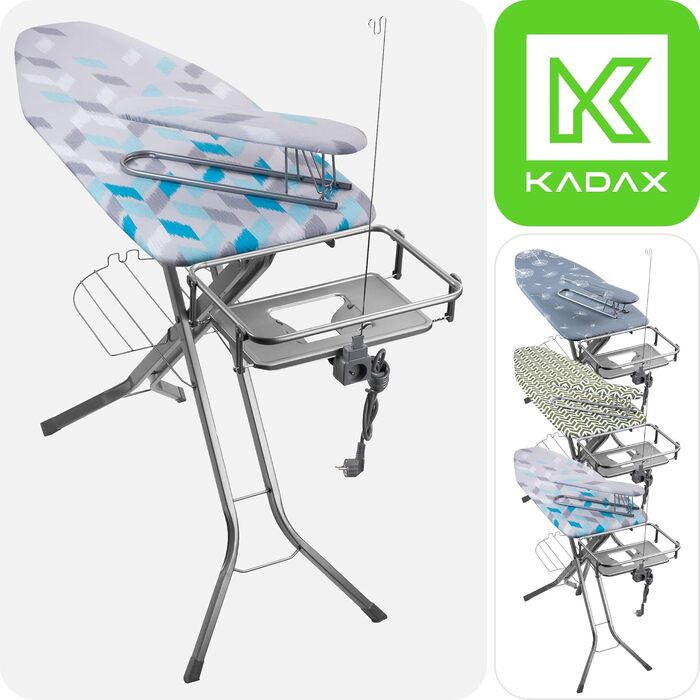 Прасувальна дошка KADAX з підвішуванням для рукавів, 130x41 см, поверхня для прасування 53x13 см, з підставкою для праски та розеткою, складна, Made in EU (Блакитна)