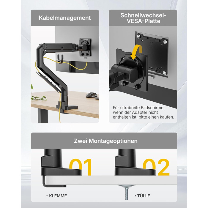 Підставка для монітора monTEK, 17-57 дюймів, газліфт, 27 кг, VESA 75/100 мм, білий/чорний