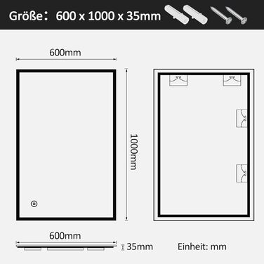 LED дзеркало для ванної кімнати Boromal 100x60 см з підсвічуванням, 3 кольори світла, диммування, сенсорне управління