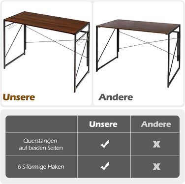 Складаний стіл COSTWAY, розкладний стіл 100 x 50 см з 6 гачками та металевим каркасом, компактний комп'ютерний стіл Промисловий робочий стіл для домашнього офісу, вантажопідйомність 115 кг (коричневий)