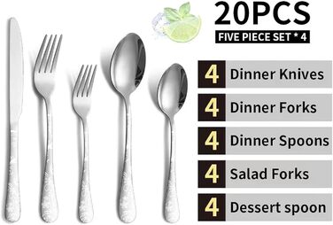 Набір столових приборів на 4 особи (20 предметів) з нержавіючої сталі, ніж, виделка, ложка, сріблястий, придатний для миття в посудомийній машині