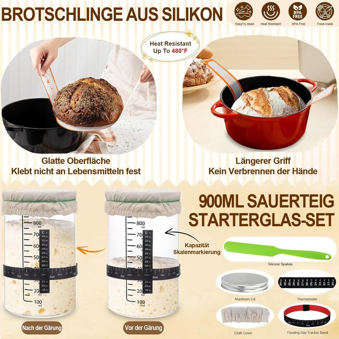 Набір для закваски: 2 форми для бродіння (овальна 25см, кругла 23см), скляний набір для закваски 900мл, аксесуари для випікання хліба
