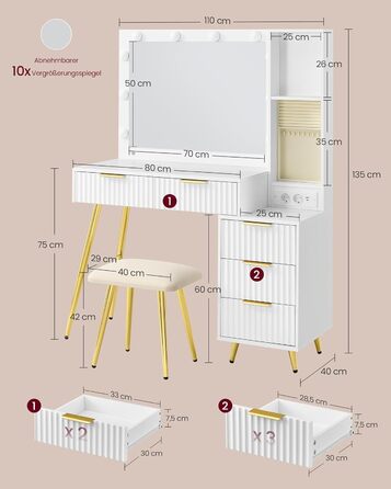 Дзеркальний туалетний столик VASAGLE з пуфом та 10x збільшенням, LED-підсвічуванням, ящиками та станцією для зарядки, 40 x 110 x 135 см, білий