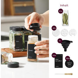 Набір баночок для спецій - 24 шт. з етикетками та бамбуковими кришками, 120 мл, з дозаторами та аксесуарами. Чорні кришки