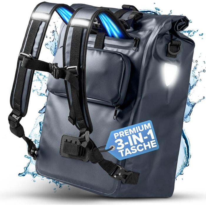 Кофр Bchel 3в1 для багажника, може використовуватися як рюкзак, сумка через плече або сумка-кофр Велосипедна сумка водонепроникна та світловідбиваюча З об'ємом 22 л і протиковзкою сукнею в підлогу Blues