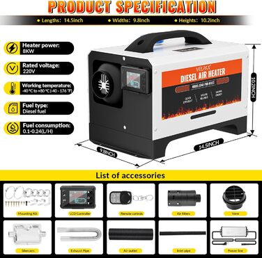 Дизельний обігрівач Diesel Air Heater 8 кВт з пультом керування та LCD-дисплеєм 12/24/110-240V, Bluetooth, швидкий нагрів для автодому, причепа, автомобіля