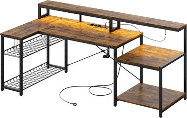 Ігровий стіл Bestier 181x80 см з LED-підсвіткою, L-подібний, 3 розетки AC, 2 USB, для комп'ютера, з великою платформою для монітора, карбон (коричневий)