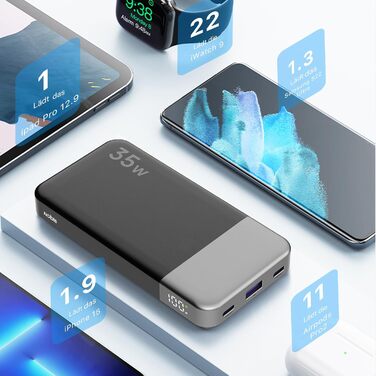 Power Bank NOBIS 35W 10000mAh з цифровим дисплеєм, USB-C, PD, QC, для смартфонів, планшетів, камер (Чорний)