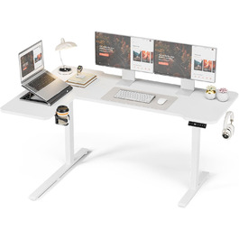 Кутовий стіл з регулюванням висоти 150x100 см, електричний, ергономічний, білий. З підстаканниками та гачками.