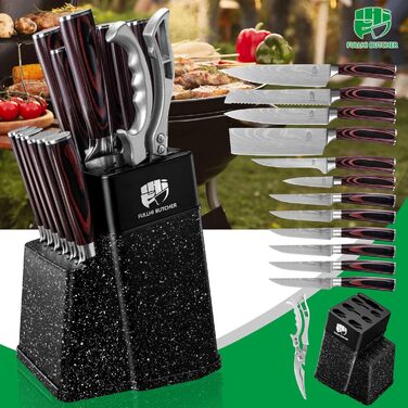Набір кухонних ножів Fullhi 14 предметів з бруском для заточування: кухонні ножі, ножі для стейку, барвисті ручки. Ідеальний подарунок для чоловіків та жінок.