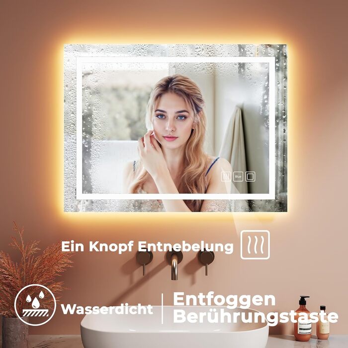 Дзеркало для ванної кімнати LOMIKEN з підсвічуванням, 60x50x3,5 см, LED, 6400K, 3 колірні температури, антивідблиск, вертикальна/горизонтальна установка