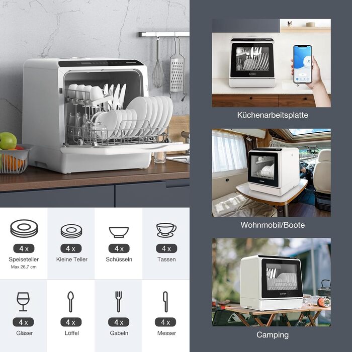 BLITZHOME Міні посудомийна машина з керуванням через додаток, 6 програм, портативна, 5л бак, з/без підключення до води, функція сушіння, для кемпінгу